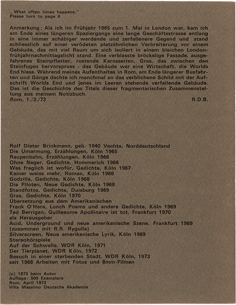 Aus Dem Notizbuch 1972, 1973 ROM Worlds End